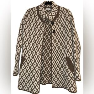 Made In Italy Oriana Wool Blend Open Front Cardigan Size M Neutral Diamond Print
